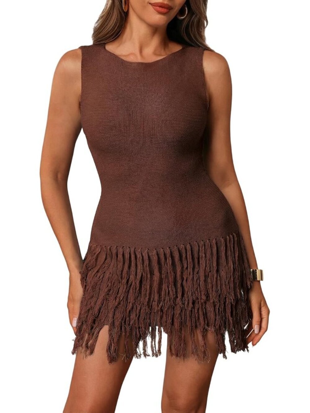 Women's Brown Sleeveless Mini Crew Neck Bodycon Knit Fringe Party Club Dress
